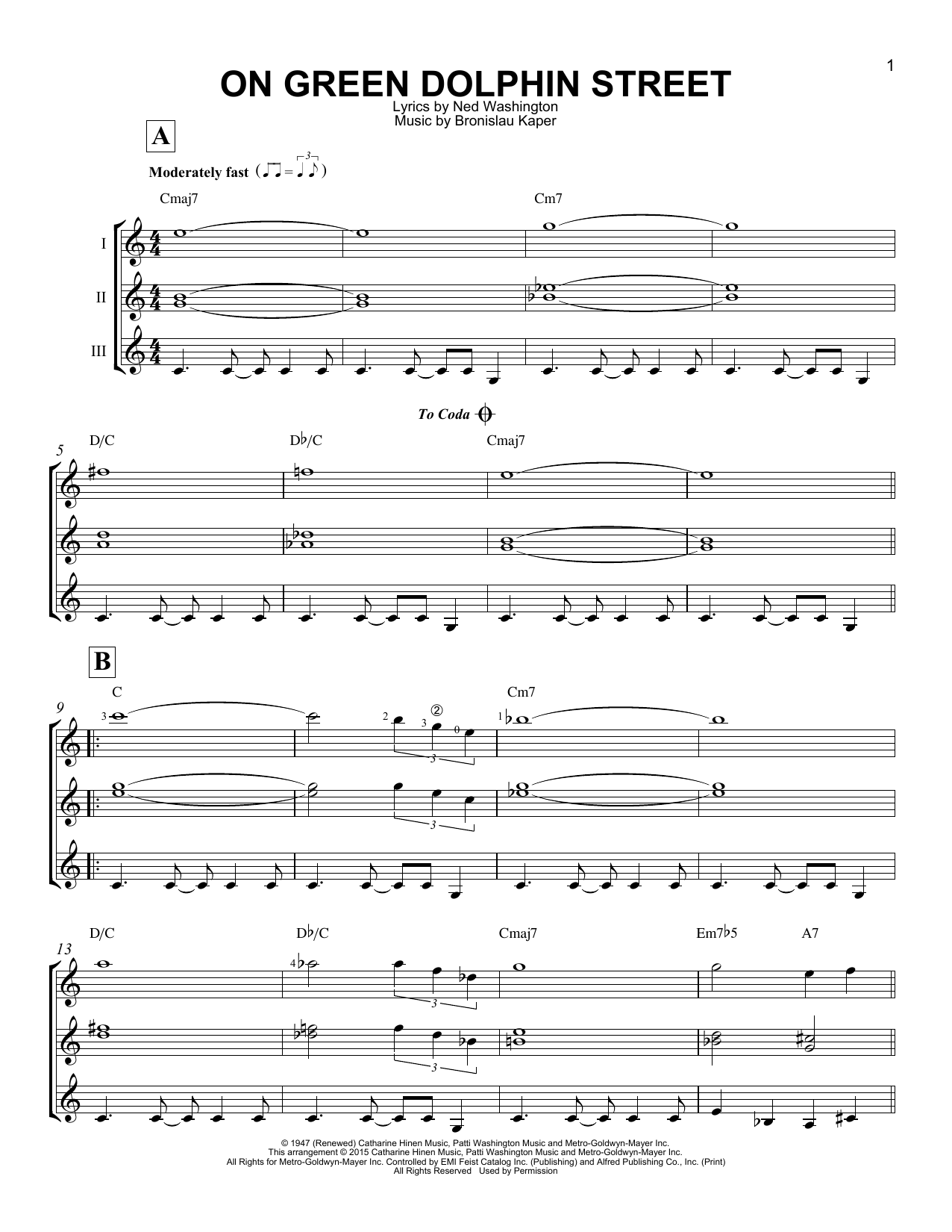 Preview Ned Washington On Green Dolphin Street Jazz sheet music, notes and chords for Guitar Ensemble, SKU: 165642 sheet music, piano notes, chords, guitar tabs, score, transpose, transcribe, how to play, guide, download, learn, tutorial, progression, song, artist, awards, billboard, mtv, vh1, tour, single, album, release