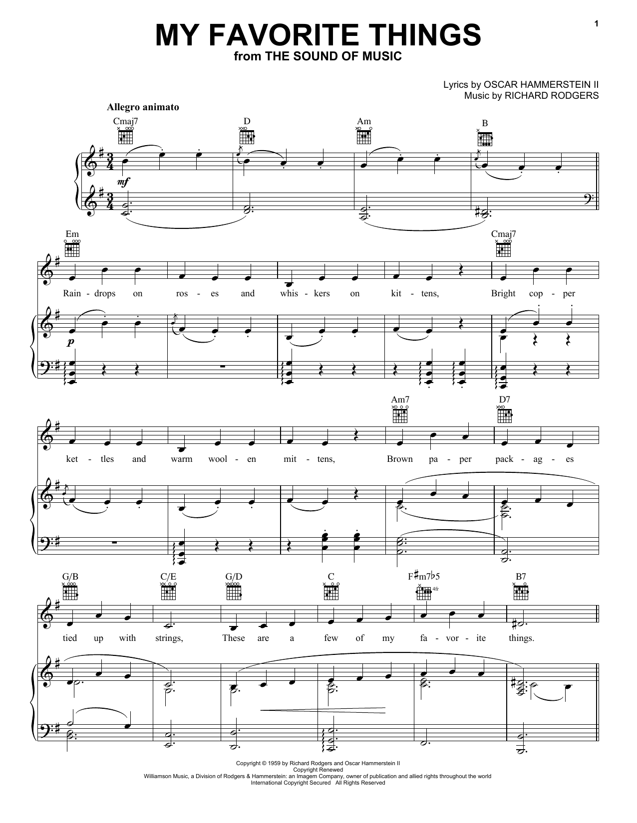 Preview Rodgers & Hammerstein My Favorite Things Folk sheet music, notes and chords for Piano, Vocal & Guitar (Right-Hand Melody), SKU: 16570 sheet music, piano notes, chords, guitar tabs, score, transpose, transcribe, how to play, guide, download, learn, tutorial, progression, song, artist, awards, billboard, mtv, vh1, tour, single, album, release