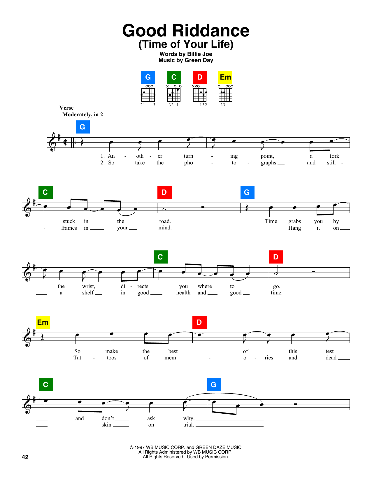 Learn Green Day Good Riddance (Time Of Your Life) sheet music notes, chords...
