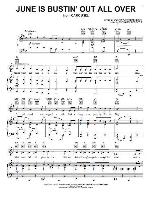 Preview Rodgers & Hammerstein June Is Bustin' Out All Over Musicals sheet music, notes and chords for Piano, Vocal & Guitar (Right-Hand Melody), SKU: 16776 sheet music, piano notes, chords, guitar tabs, score, transpose, transcribe, how to play, guide, download, learn, tutorial, progression, song, artist, awards, billboard, mtv, vh1, tour, single, album, release