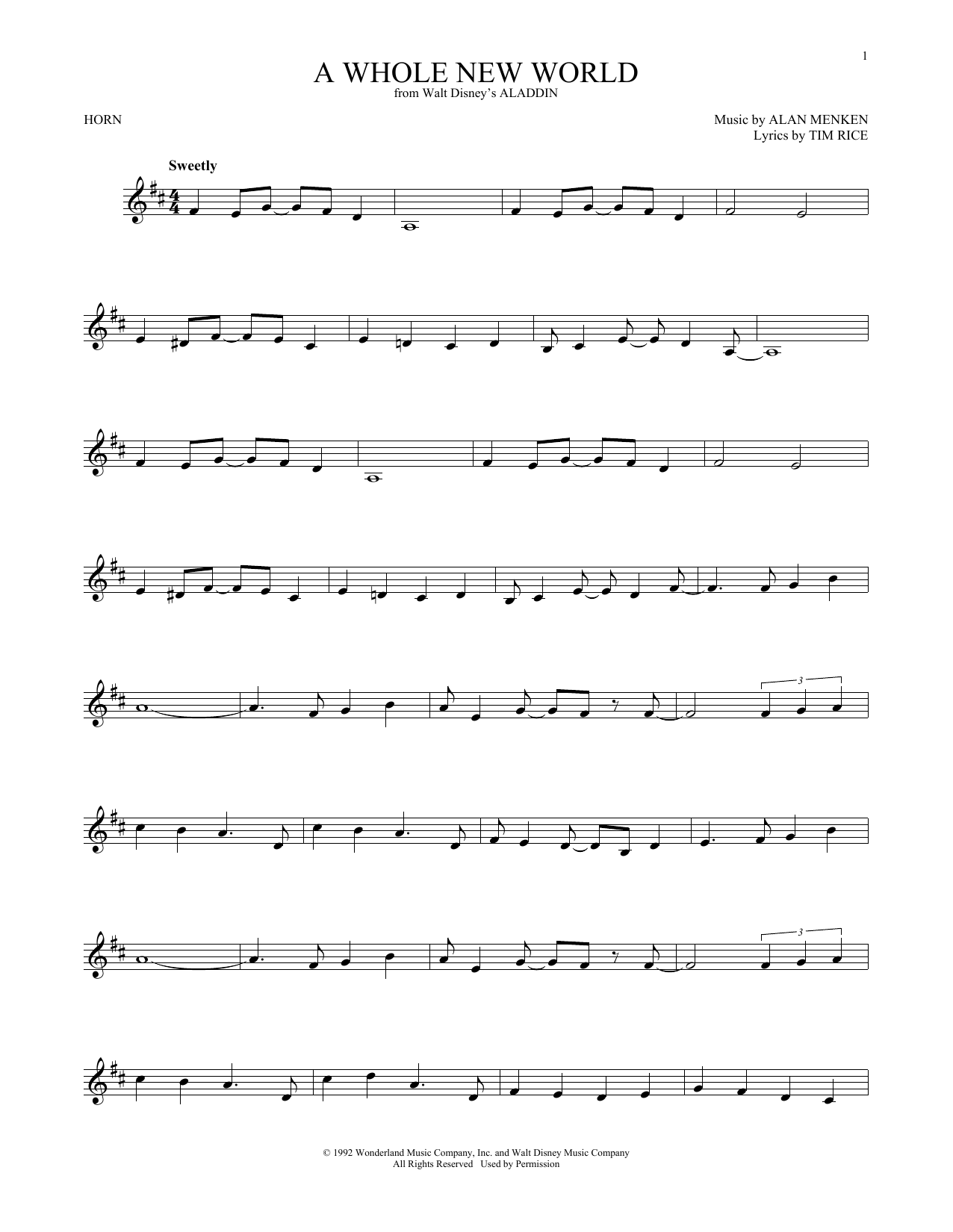 Alan Menken A Whole New World Sheet Music Notes Chords Download Pop Notes French Horn Pdf Print