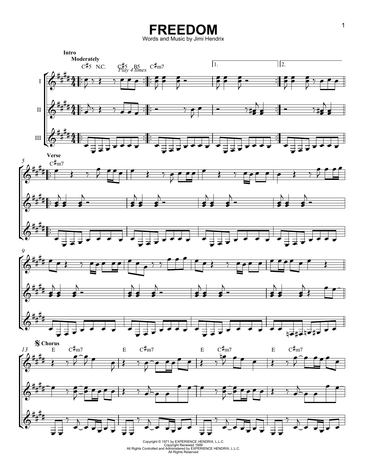 Preview Jimi Hendrix Freedom Rock sheet music, notes and chords for Guitar Ensemble, SKU: 168527 sheet music, piano notes, chords, guitar tabs, score, transpose, transcribe, how to play, guide, download, learn, tutorial, progression, song, artist, awards, billboard, mtv, vh1, tour, single, album, release