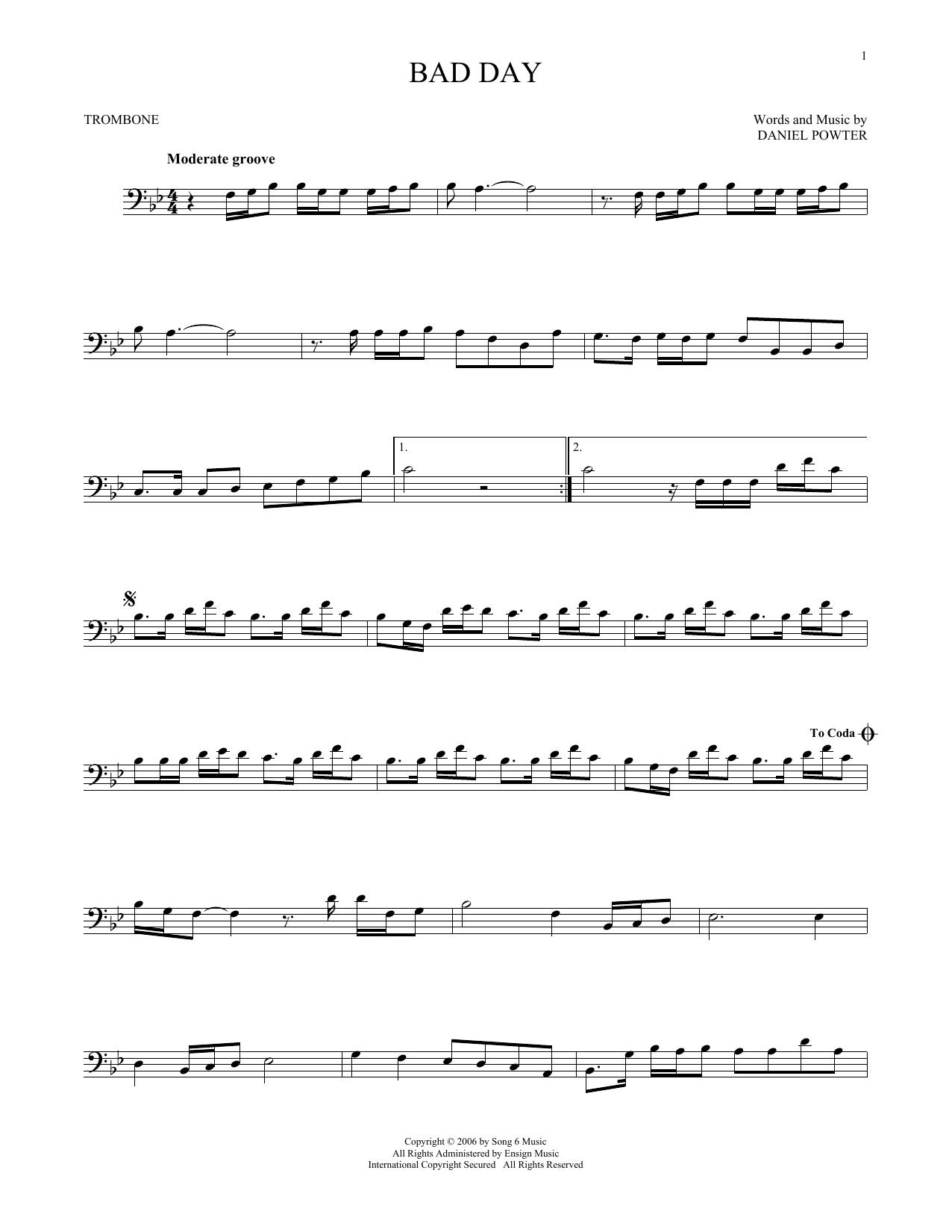 Daniel Powter Bad Day Sheet Music Notes Chords Download Rock Notes Trombone Pdf Print