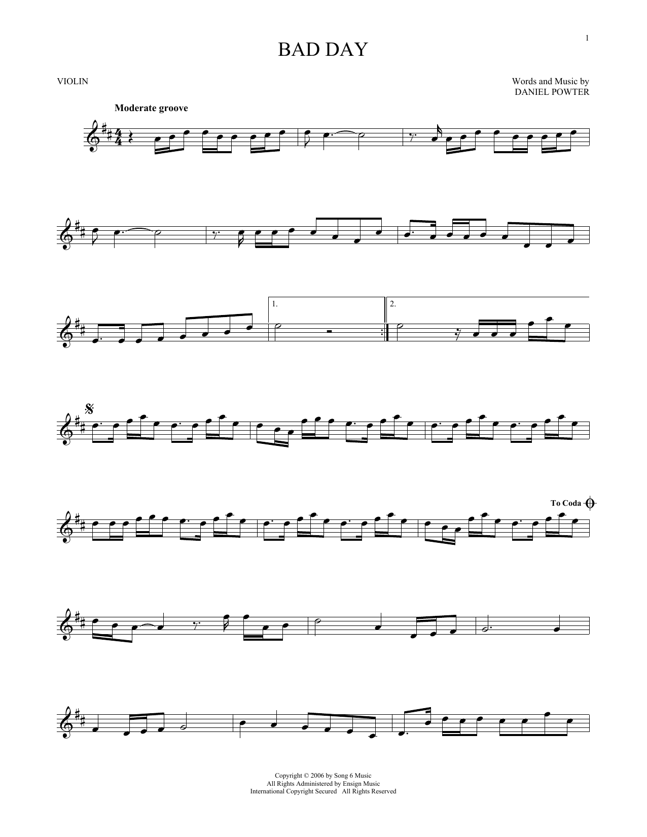 Daniel Powter Bad Day Sheet Music Notes Chords Download Rock Notes Violin Pdf Print