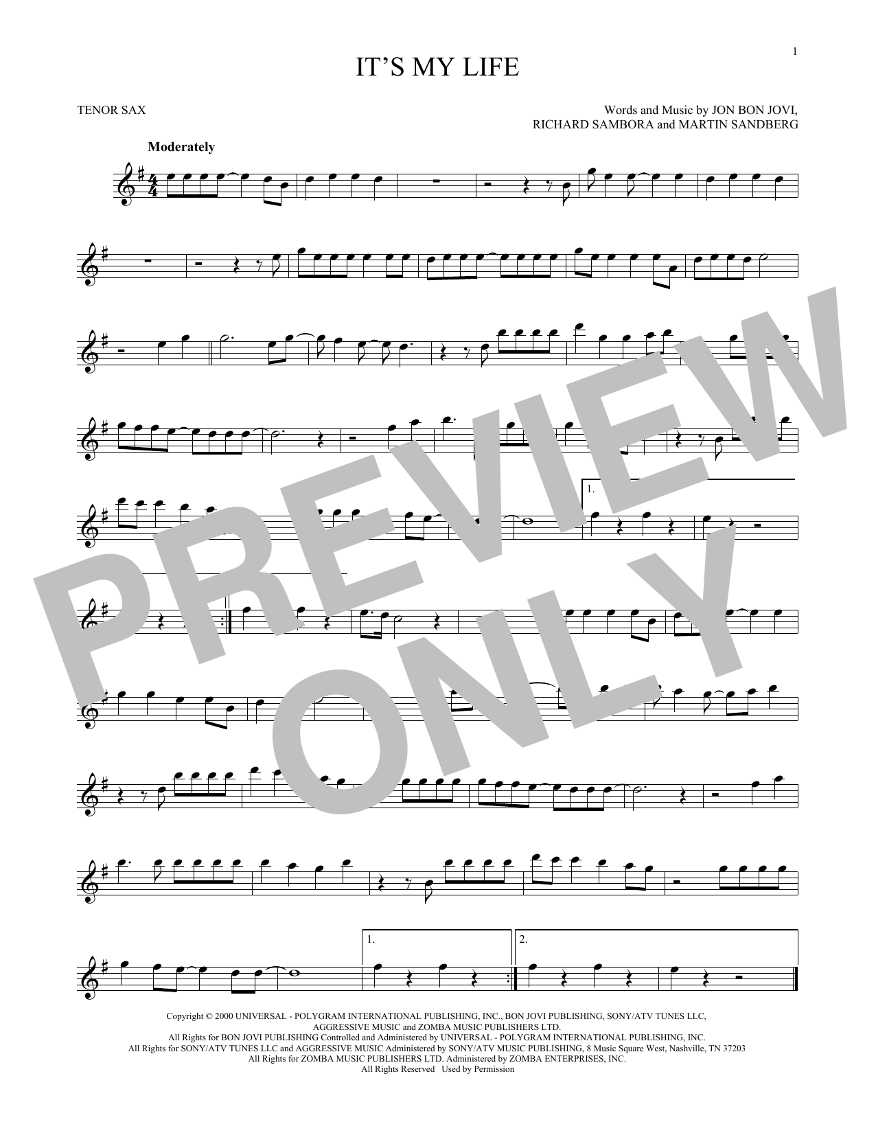 Bon Jovi It S My Life Sheet Music Notes Chords Download Rock Notes Tenor Saxophone Pdf Print