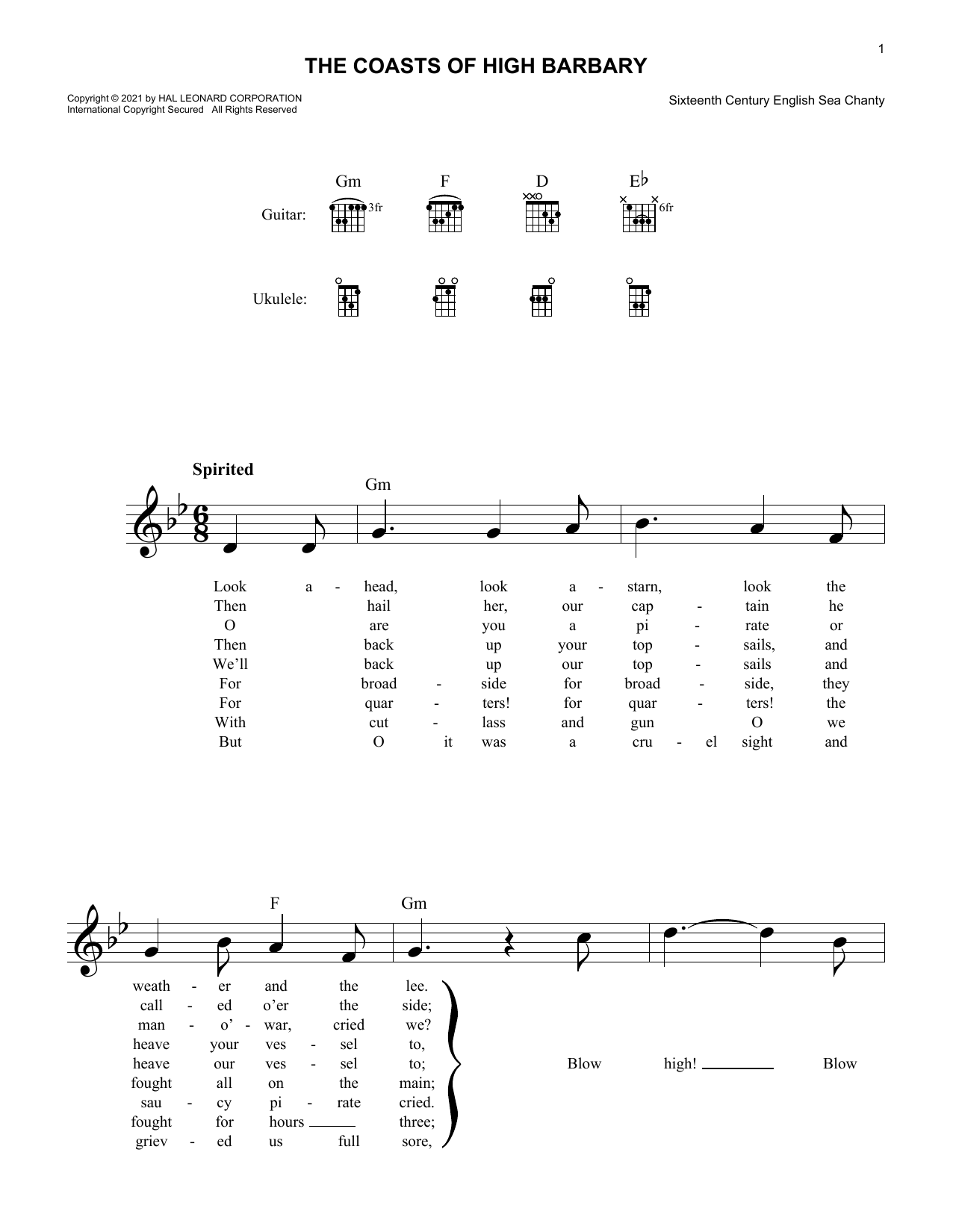 16th Century Sea Chanty The Coasts Of High Barbary Sheet Music Notes & Chords for Lead Sheet / Fake Book - Download or Print PDF