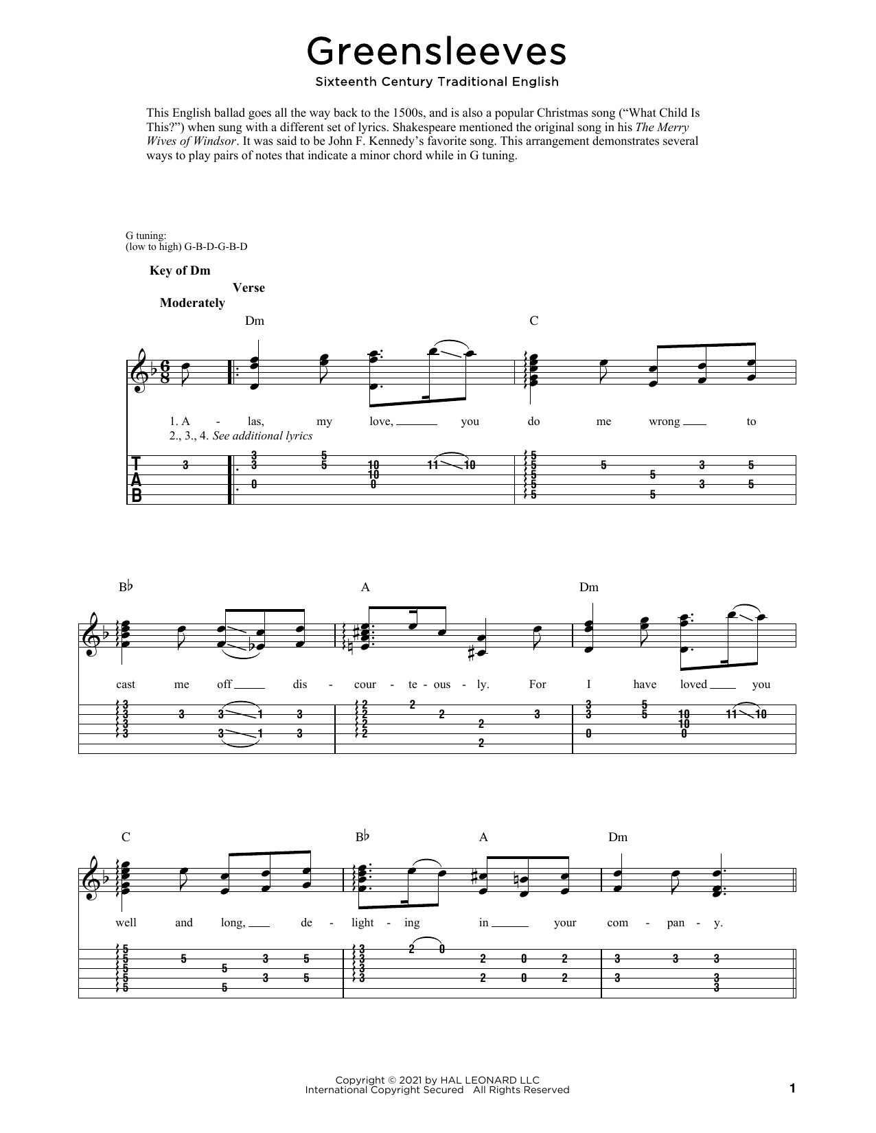 16th Century Trad. English Greensleeves Sheet Music Notes & Chords for Dobro - Download or Print PDF
