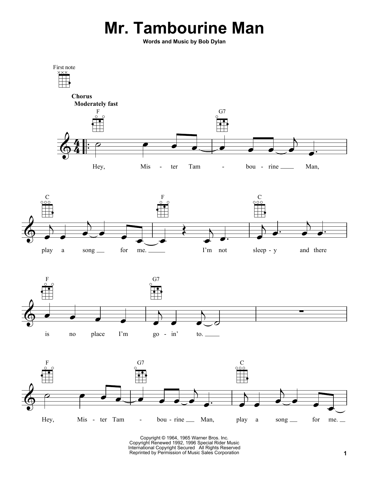 Bob Dylan Mr Tambourine Man Sheet Music Notes Chords Download Rock Notes Ukulele Pdf Print