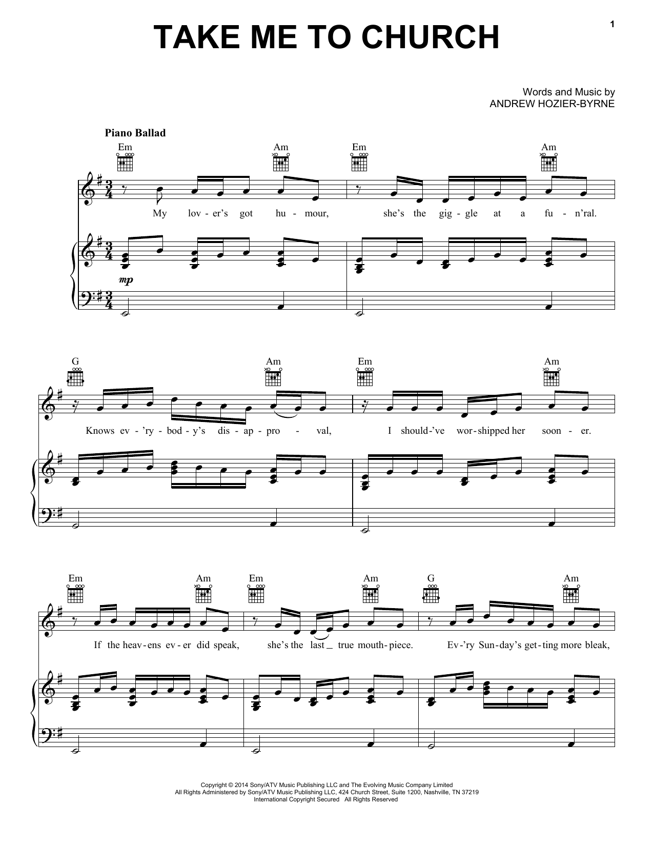 Hozier Take Me To Church Sheet Music Notes Chords Download Rock