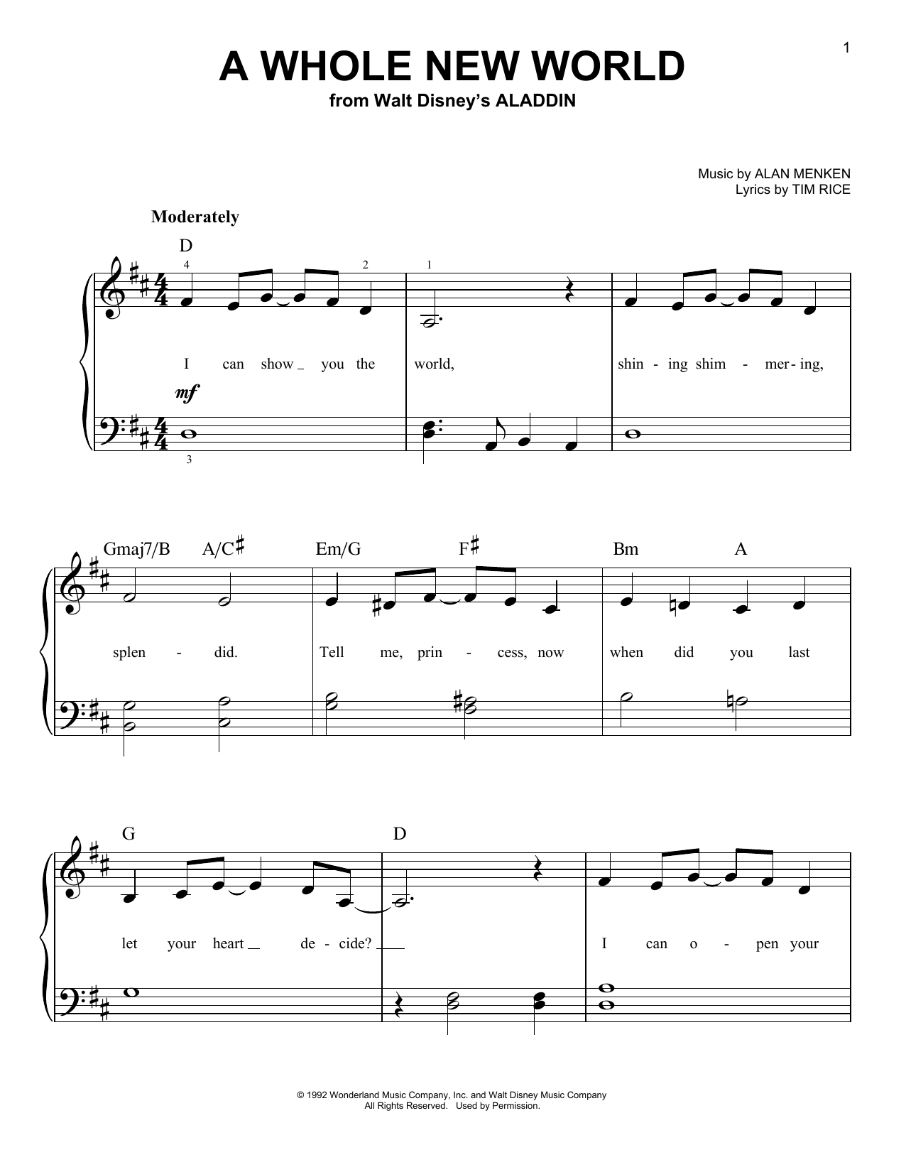 Alan Menken A Whole New World Sheet Music Notes Chords Download Children Notes Easy Piano Pdf Print