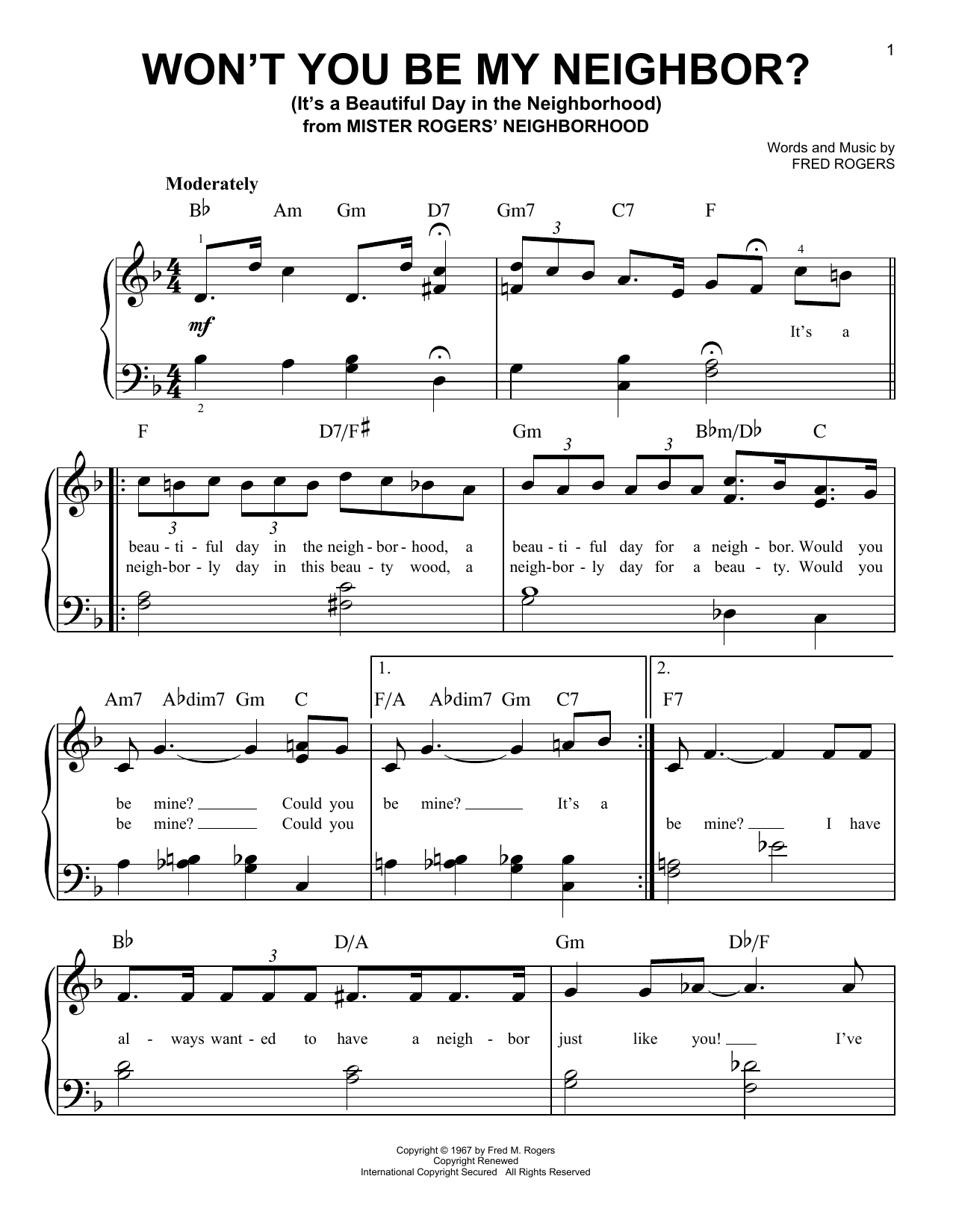 Preview Fred Rogers Won't You Be My Neighbor? (It's A Beautiful Day In The Neighborhood) Children sheet music, notes and chords for Easy Piano, SKU: 173321 sheet music, piano notes, chords, guitar tabs, score, transpose, transcribe, how to play, guide, download, learn, tutorial, progression, song, artist, awards, billboard, mtv, vh1, tour, single, album, release
