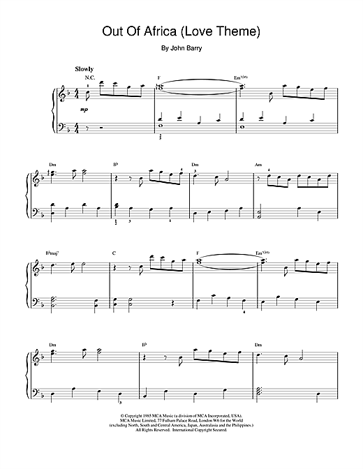 Preview John Barry I Had A Farm In Africa (Main Title from Out Of Africa) Film and TV sheet music, notes and chords for Piano, SKU: 17402 sheet music, piano notes, chords, guitar tabs, score, transpose, transcribe, how to play, guide, download, learn, tutorial, progression, song, artist, awards, billboard, mtv, vh1, tour, single, album, release