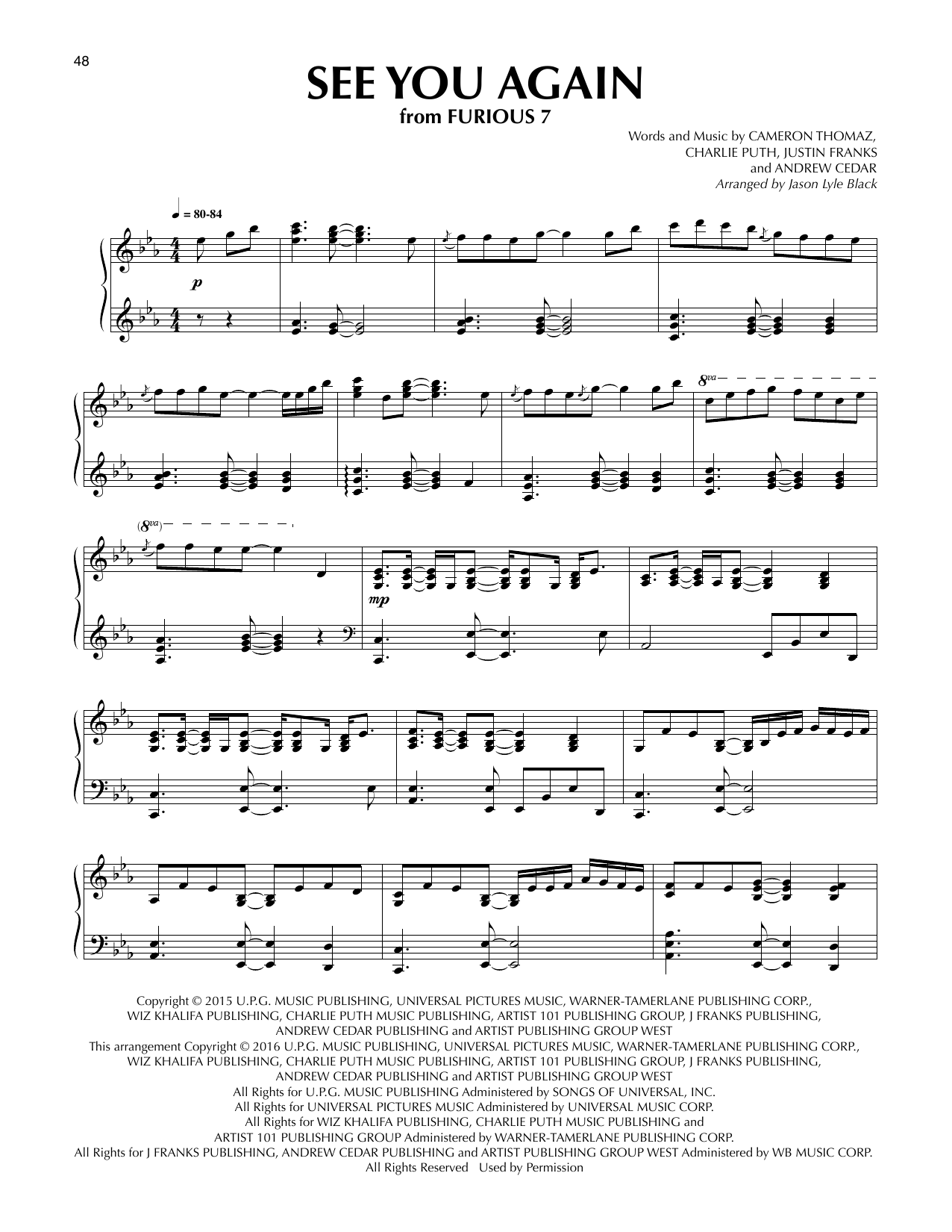 Preview Jason Lyle Black See You Again Pop sheet music, notes and chords for Piano, SKU: 174546 sheet music, piano notes, chords, guitar tabs, score, transpose, transcribe, how to play, guide, download, learn, tutorial, progression, song, artist, awards, billboard, mtv, vh1, tour, single, album, release