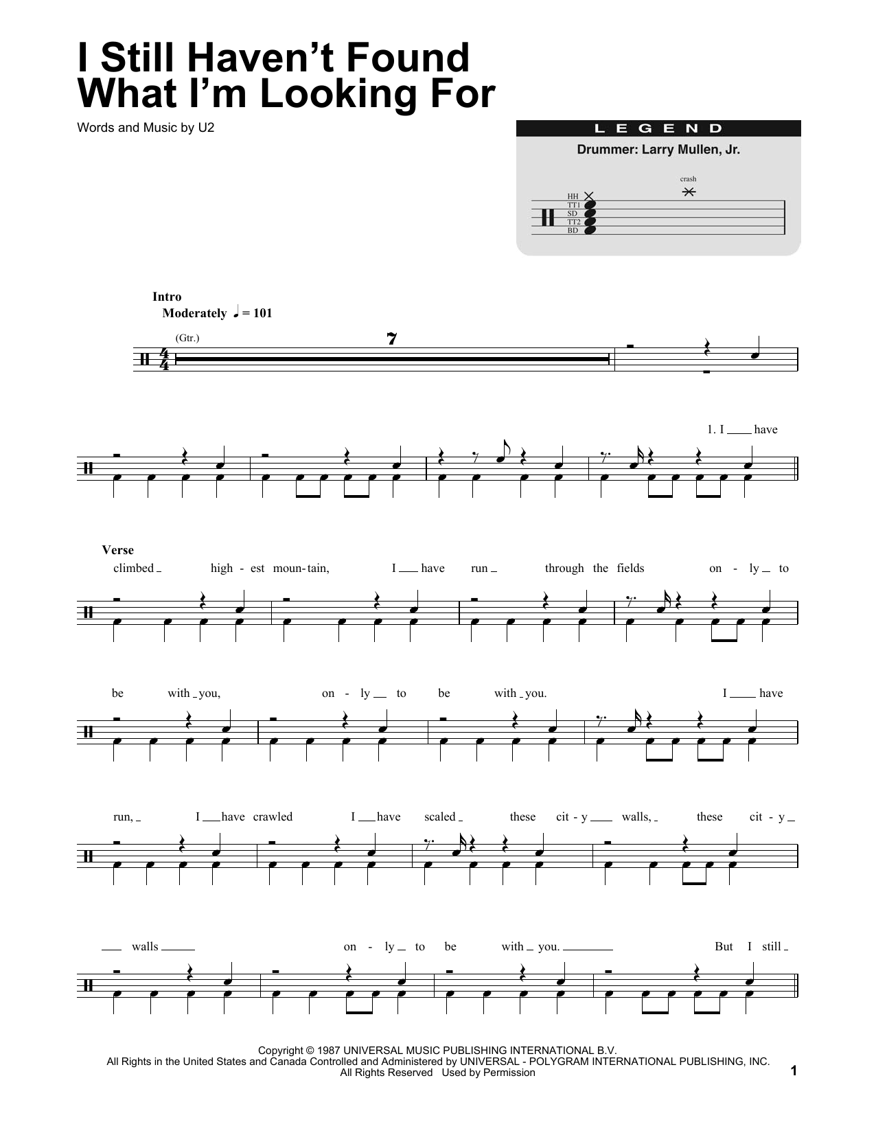 U2 I Still Haven T Found What I M Looking For Sheet Music Notes Chords Download Rock Notes Drums Transcription Pdf Print