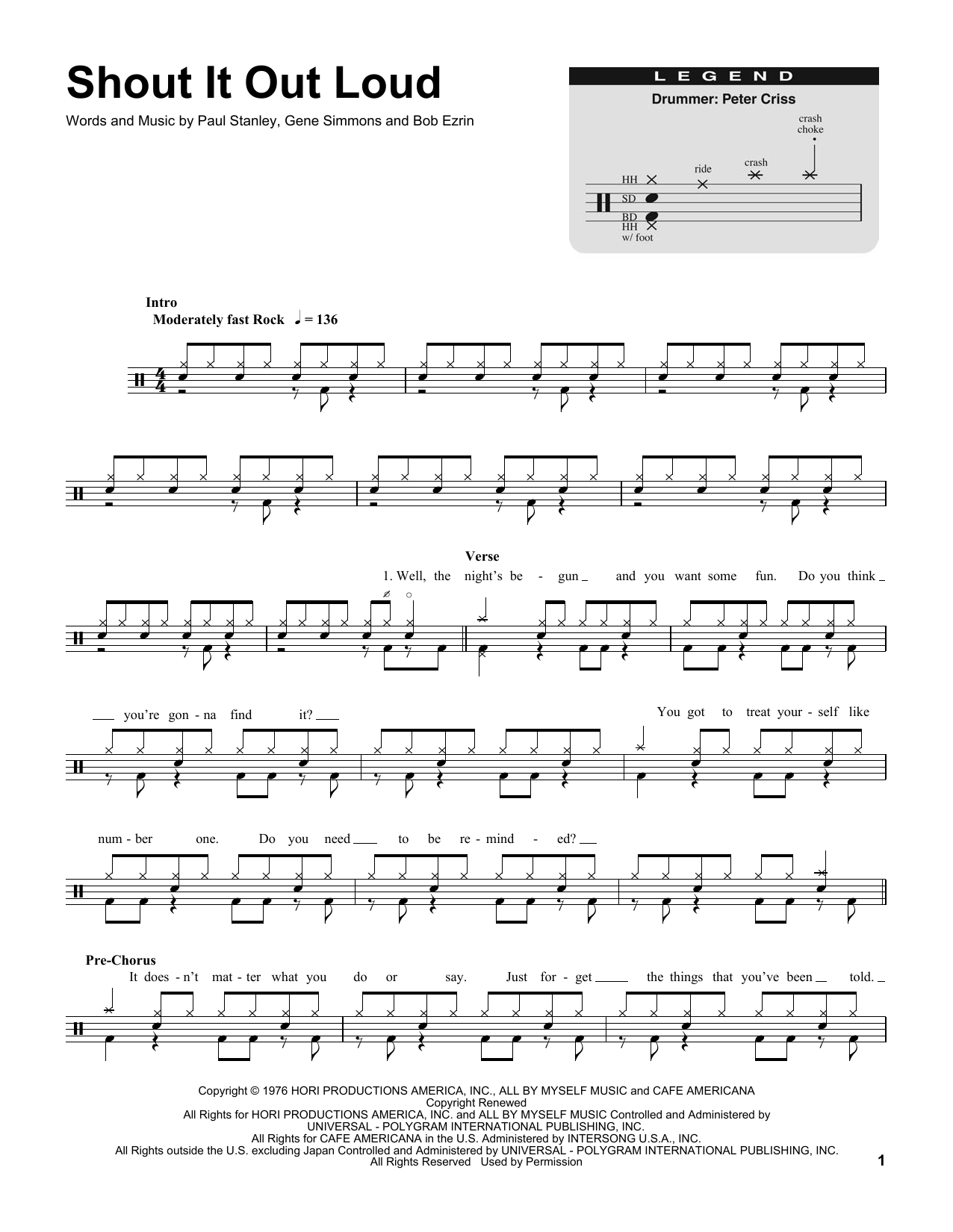 Kiss Shout It Out Loud Sheet Music Notes Chords Download Rock Notes Drums Transcription Pdf Print