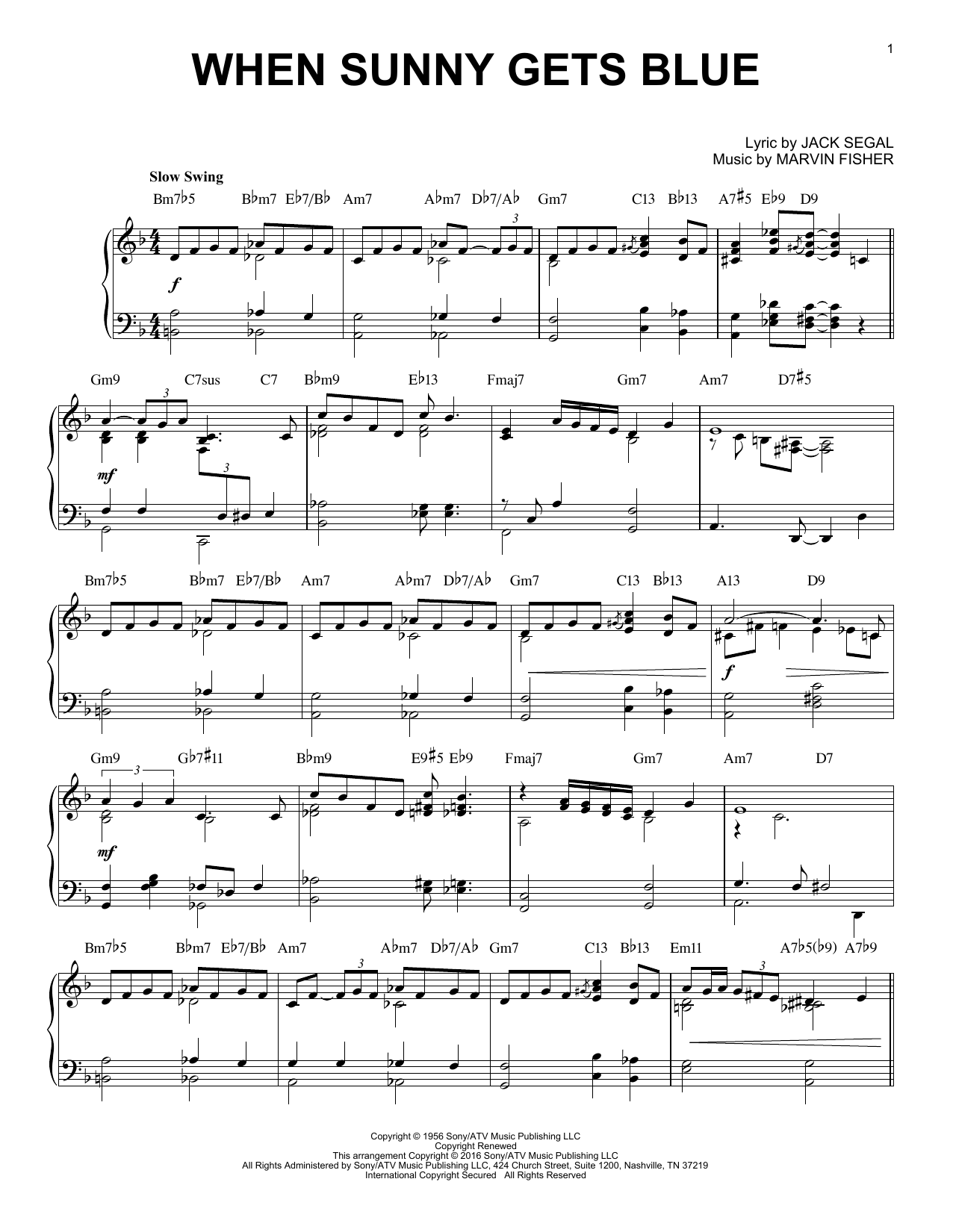 Preview Marvin Fisher When Sunny Gets Blue Jazz sheet music, notes and chords for Piano, SKU: 174869 sheet music, piano notes, chords, guitar tabs, score, transpose, transcribe, how to play, guide, download, learn, tutorial, progression, song, artist, awards, billboard, mtv, vh1, tour, single, album, release