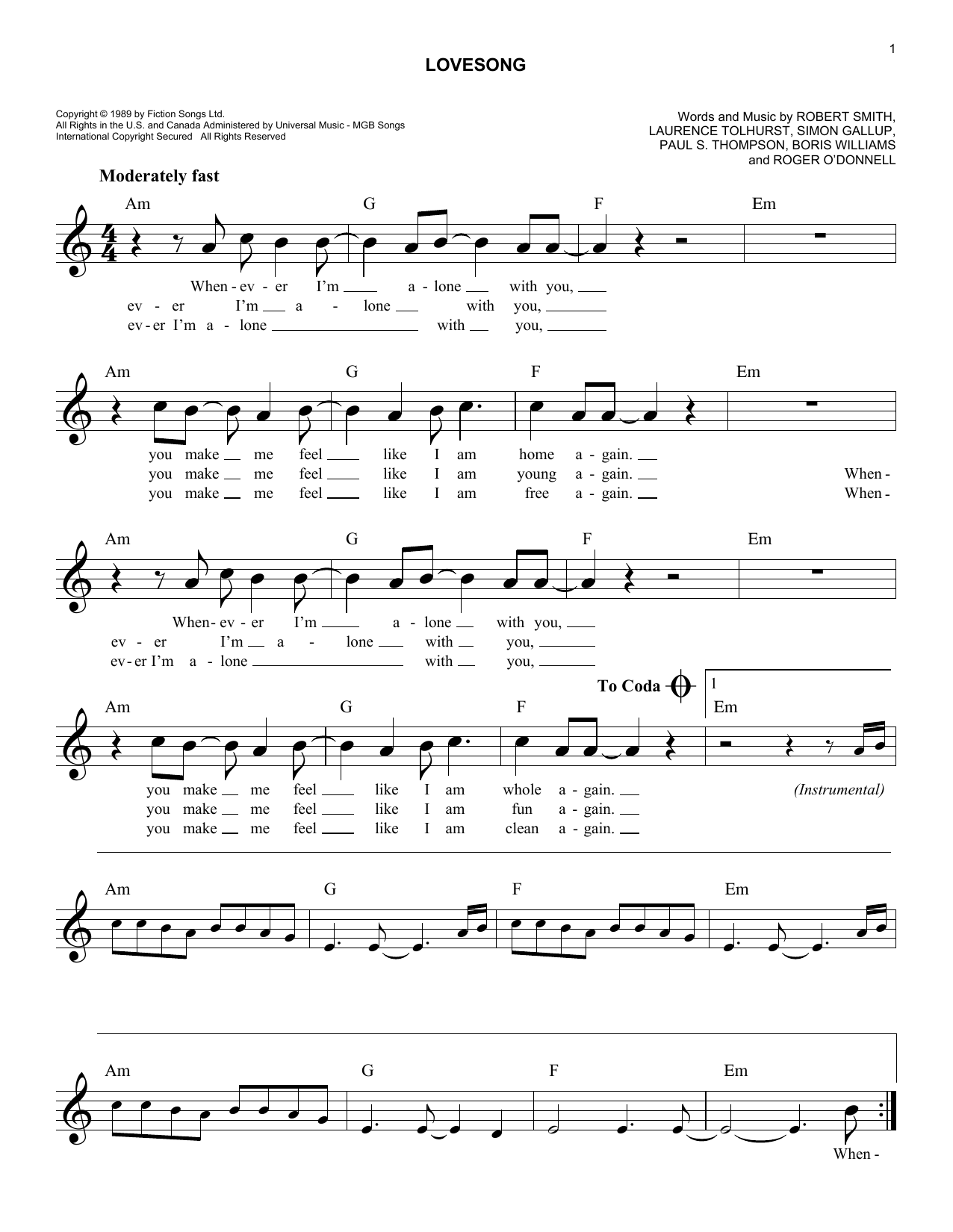 Preview Adele Lovesong Pop sheet music, notes and chords for Melody Line, L...