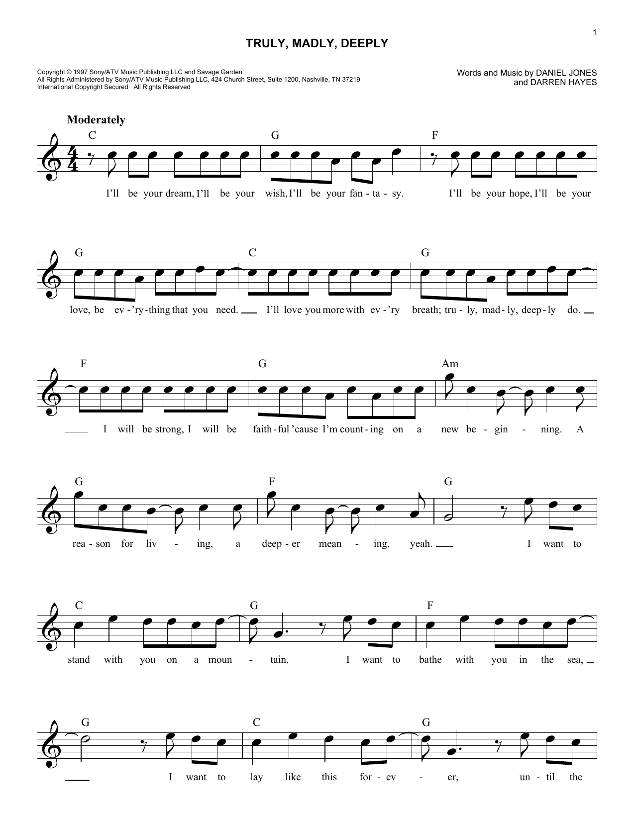 Savage Garden Truly Madly Deeply Sheet Music Notes Chords