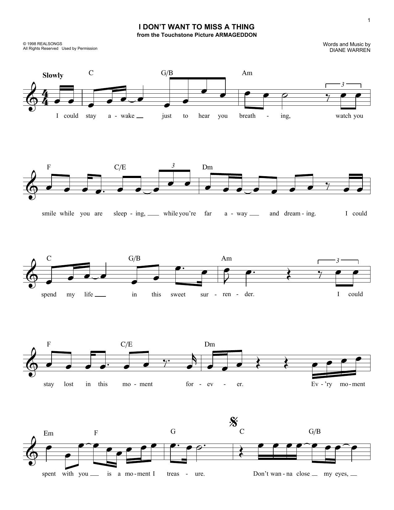 Aerosmith I Don T Want To Miss A Thing Sheet Music Notes Chords Download Pop Notes Melody Line Lyrics Chords Pdf Print