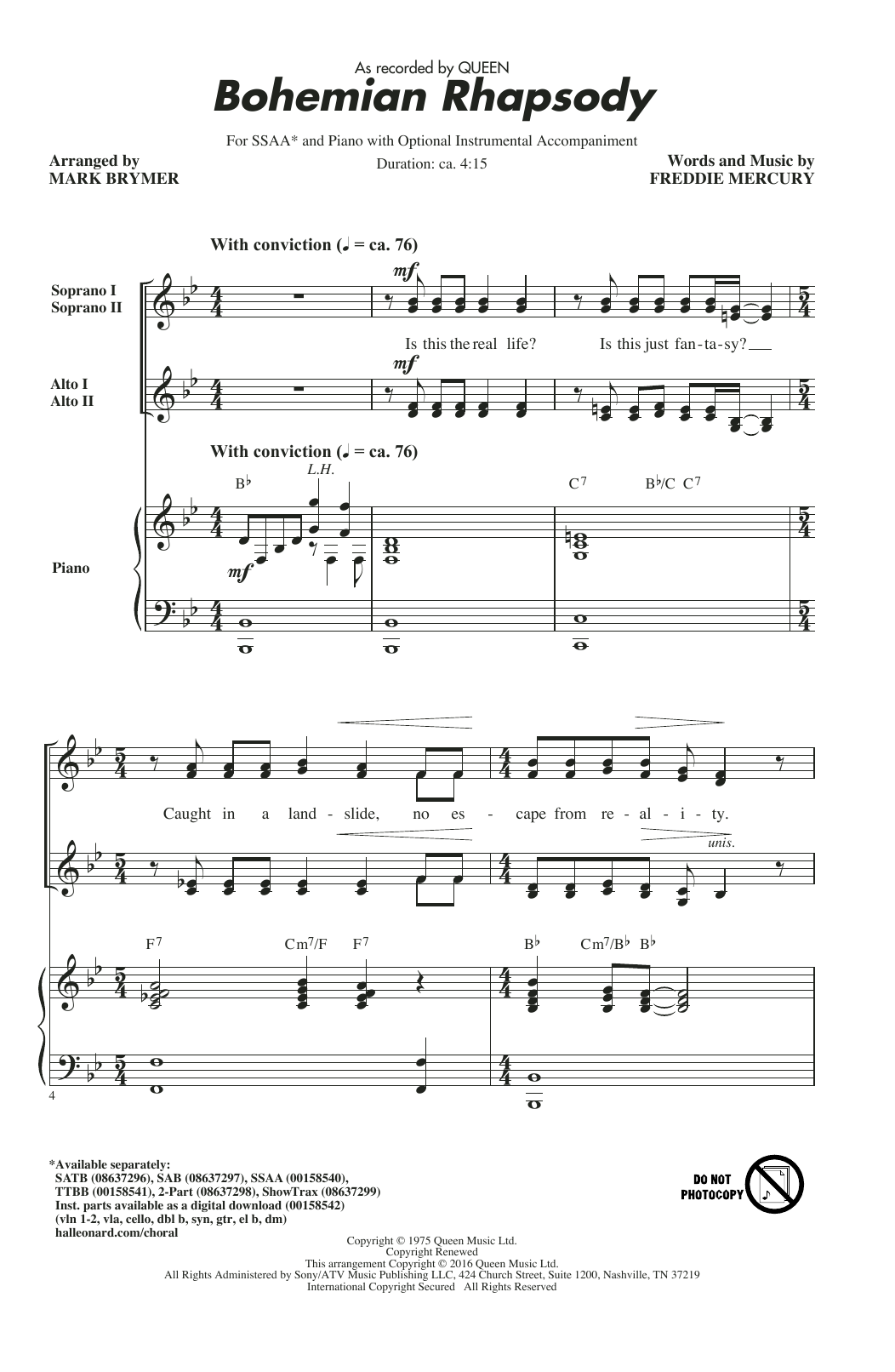 Preview Mark Brymer Bohemian Rhapsody Rock sheet music, notes and chords for SSAA, SKU: 175142 sheet music, piano notes, chords, guitar tabs, score, transpose, transcribe, how to play, guide, download, learn, tutorial, progression, song, artist, awards, billboard, mtv, vh1, tour, single, album, release