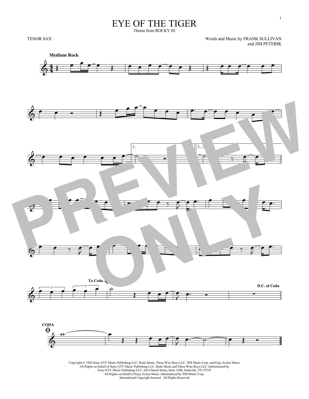 Survivor Eye Of The Tiger Sheet Music Notes Chords Download Rock Notes Tenor Saxophone Pdf Print