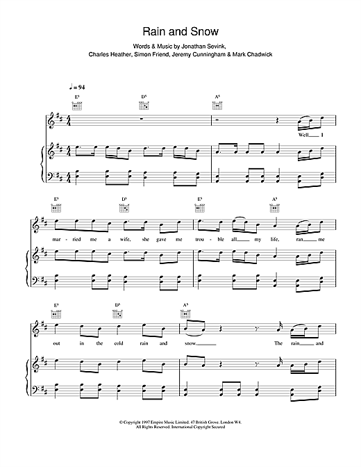 Preview The Levellers Rain And Snow Rock sheet music, notes and chords for Piano, Vocal & Guitar (Right-Hand Melody), SKU: 17596 sheet music, piano notes, chords, guitar tabs, score, transpose, transcribe, how to play, guide, download, learn, tutorial, progression, song, artist, awards, billboard, mtv, vh1, tour, single, album, release