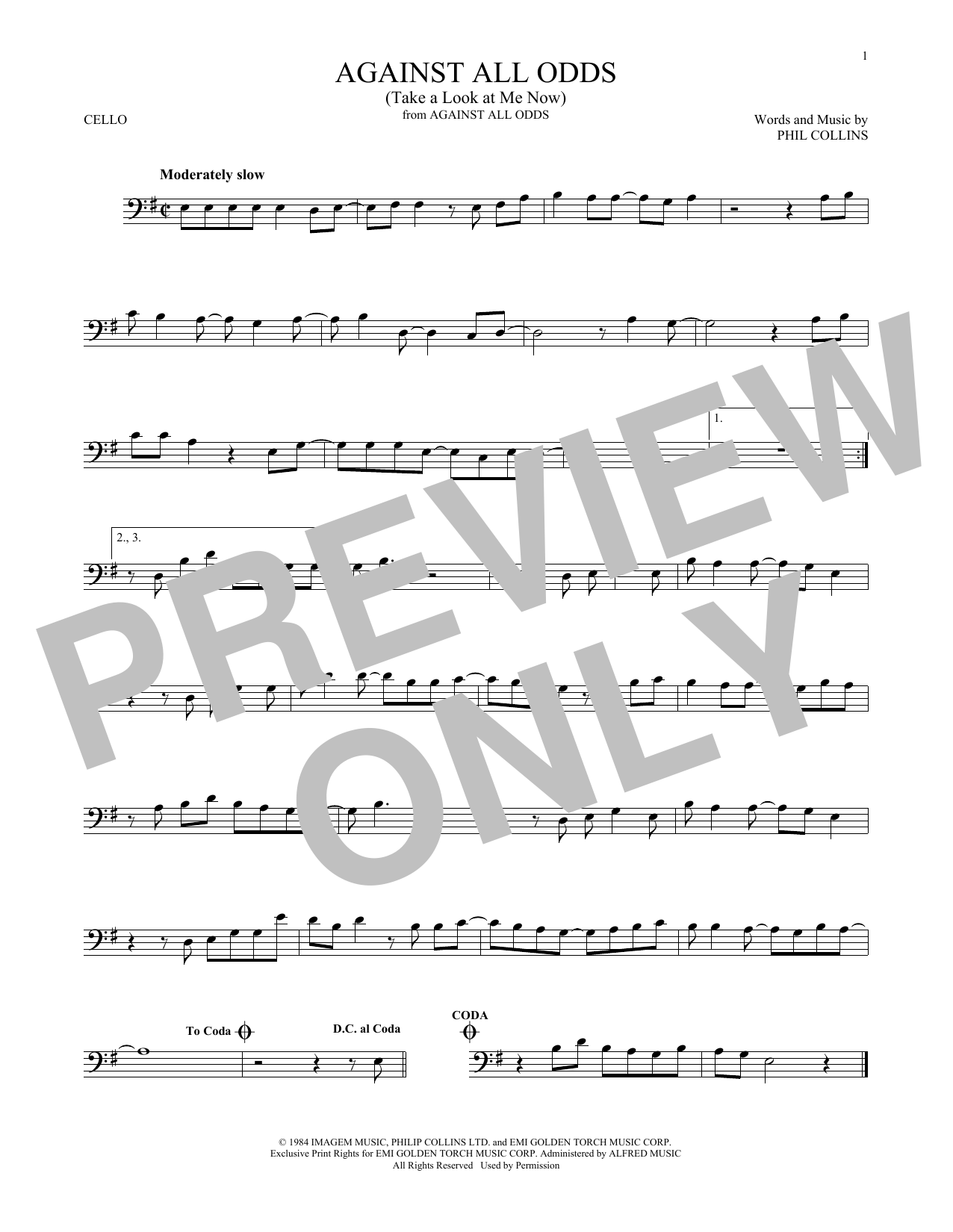 Phil Collins Against All Odds Take A Look At Me Now Sheet Music Notes Chords Download Rock Notes Cello Pdf Print 1762