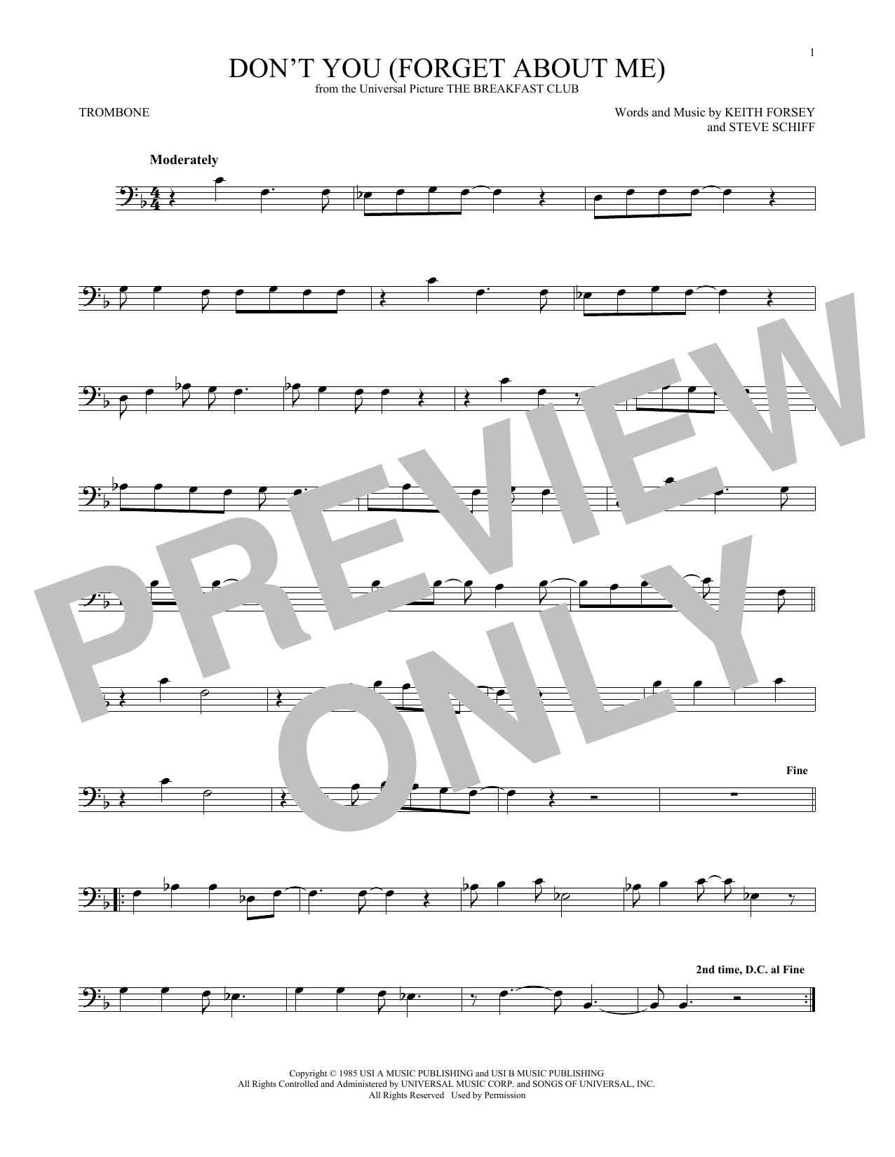 Simple Minds Don T You Forget About Me Sheet Music Notes Chords Download Rock Notes Trombone Pdf Print