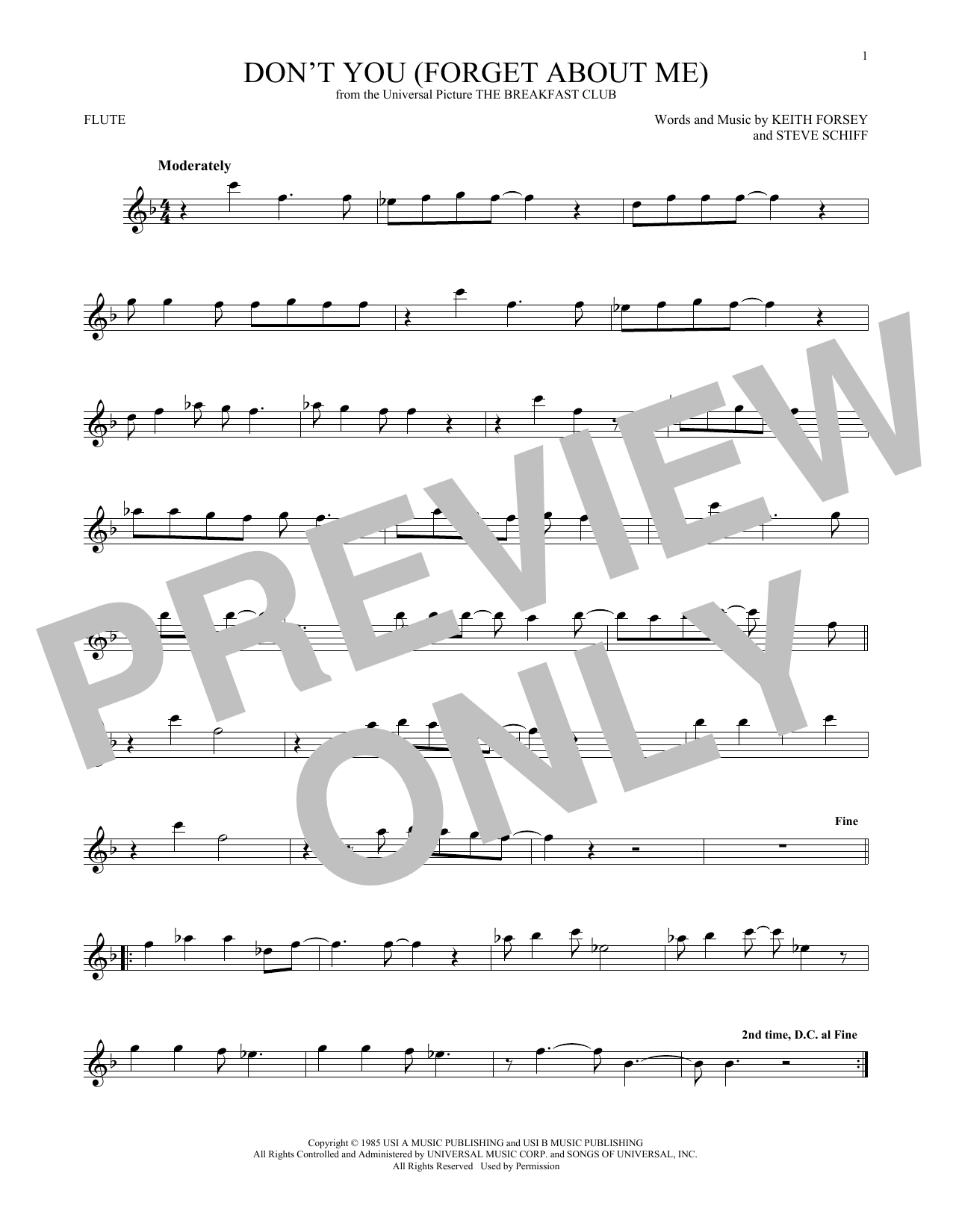 Simple Minds Don T You Forget About Me Sheet Music Notes Chords Download Rock Notes Flute Pdf Print 1762