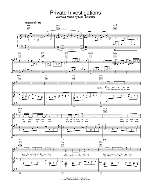 Preview Dire Straits Private Investigations Rock sheet music, notes and chords for Piano, Vocal & Guitar (Right-Hand Melody), SKU: 17632 sheet music, piano notes, chords, guitar tabs, score, transpose, transcribe, how to play, guide, download, learn, tutorial, progression, song, artist, awards, billboard, mtv, vh1, tour, single, album, release