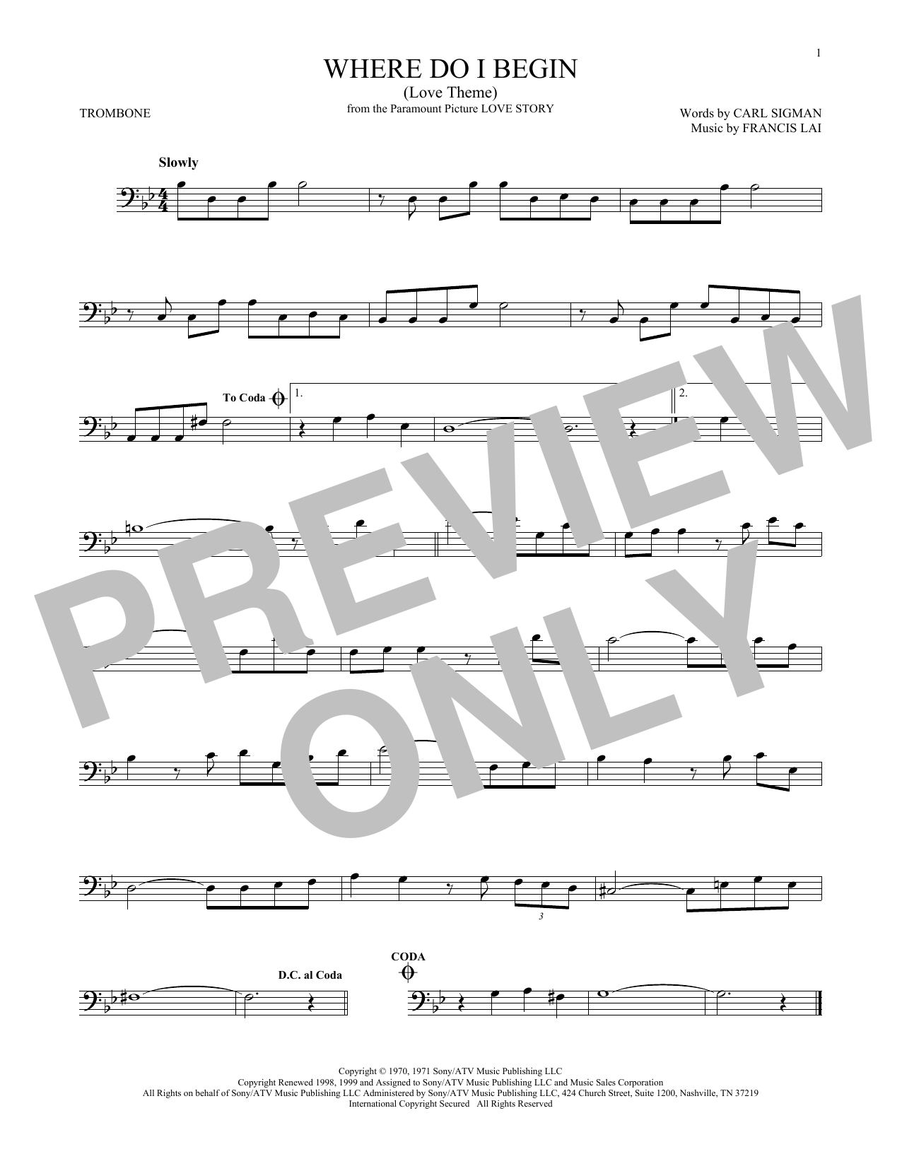 Preview Andy Williams Where Do I Begin (Love Theme) Pop sheet music, notes and chords for Trombone, SKU: 176392 sheet music, piano notes, chords, guitar tabs, score, transpose, transcribe, how to play, guide, download, learn, tutorial, progression, song, artist, awards, billboard, mtv, vh1, tour, single, album, release