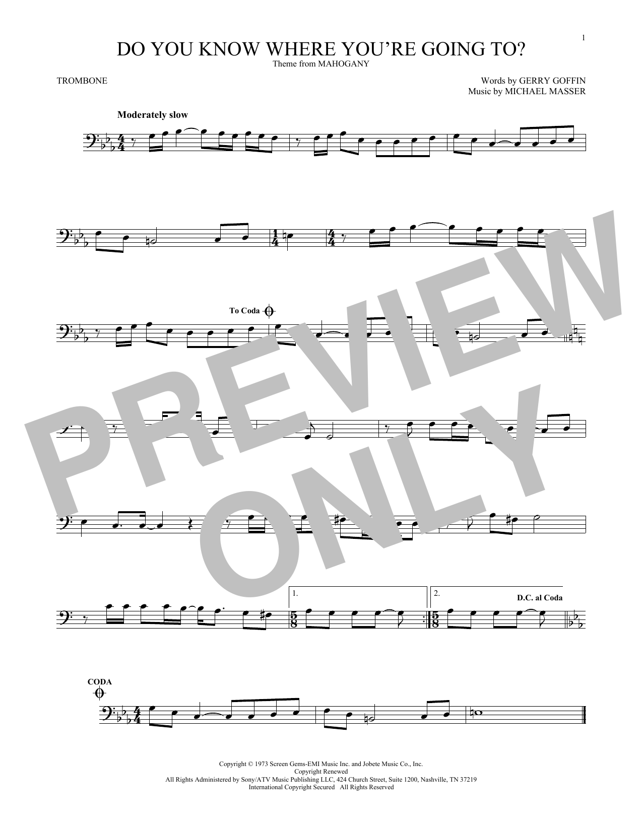 Preview Diana Ross Do You Know Where You're Going To? Pop sheet music, notes and chords for Trombone, SKU: 176406 sheet music, piano notes, chords, guitar tabs, score, transpose, transcribe, how to play, guide, download, learn, tutorial, progression, song, artist, awards, billboard, mtv, vh1, tour, single, album, release