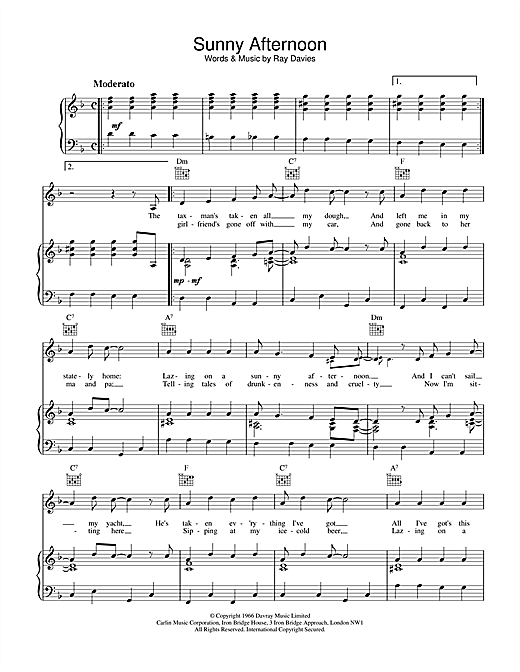 Preview The Kinks Sunny Afternon Rock sheet music, notes and chords for Piano, Vocal & Guitar (Right-Hand Melody), SKU: 17645 sheet music, piano notes, chords, guitar tabs, score, transpose, transcribe, how to play, guide, download, learn, tutorial, progression, song, artist, awards, billboard, mtv, vh1, tour, single, album, release