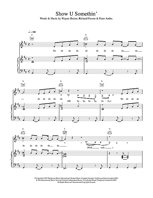 Preview Peter André Show U Somethin Pop sheet music, notes and chords for Piano, Vocal & Guitar (Right-Hand Melody), SKU: 17654 sheet music, piano notes, chords, guitar tabs, score, transpose, transcribe, how to play, guide, download, learn, tutorial, progression, song, artist, awards, billboard, mtv, vh1, tour, single, album, release