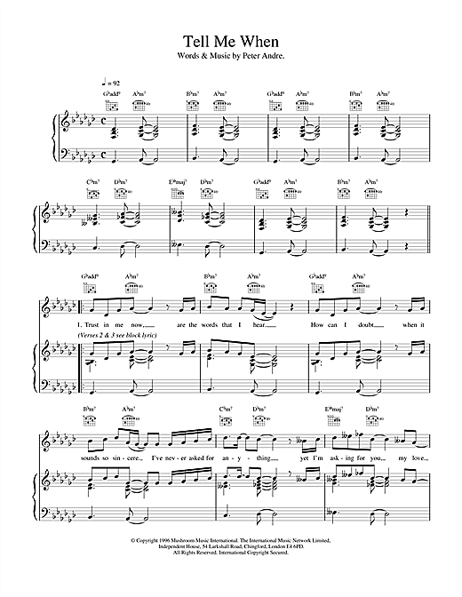 Preview Peter André Tell Me When Pop sheet music, notes and chords for Piano, Vocal & Guitar (Right-Hand Melody), SKU: 17655 sheet music, piano notes, chords, guitar tabs, score, transpose, transcribe, how to play, guide, download, learn, tutorial, progression, song, artist, awards, billboard, mtv, vh1, tour, single, album, release