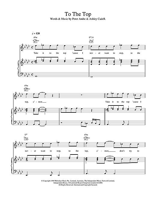 Preview Peter André To The Top Pop sheet music, notes and chords for Piano, Vocal & Guitar (Right-Hand Melody), SKU: 17656 sheet music, piano notes, chords, guitar tabs, score, transpose, transcribe, how to play, guide, download, learn, tutorial, progression, song, artist, awards, billboard, mtv, vh1, tour, single, album, release
