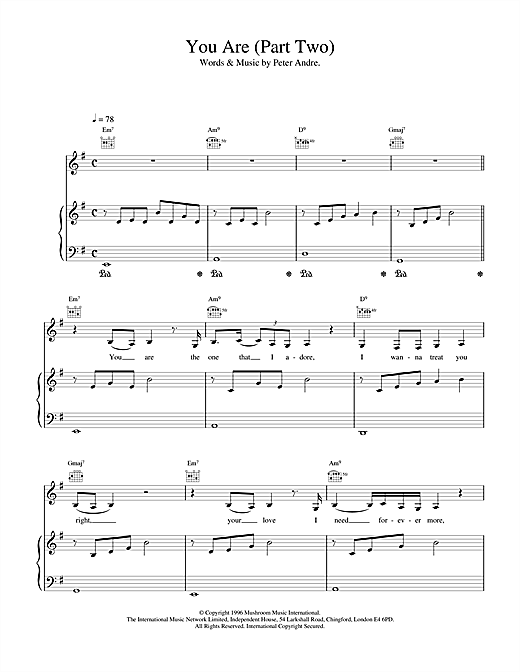Preview Peter Andre You Are Pop sheet music, notes and chords for Piano, Vocal & Guitar, SKU: 17658 sheet music, piano notes, chords, guitar tabs, score, transpose, transcribe, how to play, guide, download, learn, tutorial, progression, song, artist, awards, billboard, mtv, vh1, tour, single, album, release