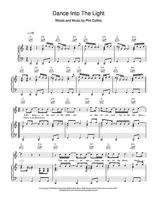 Preview Phil Collins Dance Into The Light Rock sheet music, notes and chords for Piano, Vocal & Guitar (Right-Hand Melody), SKU: 17659 sheet music, piano notes, chords, guitar tabs, score, transpose, transcribe, how to play, guide, download, learn, tutorial, progression, song, artist, awards, billboard, mtv, vh1, tour, single, album, release