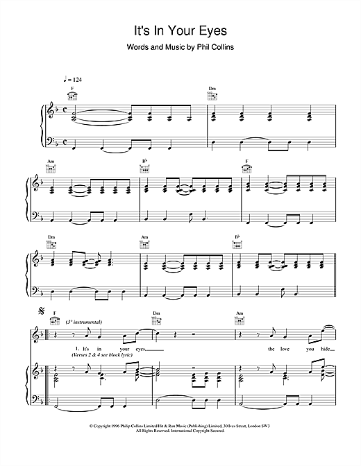 Preview Phil Collins Its In Your Eyes Rock sheet music, notes and chords for Piano, Vocal & Guitar (Right-Hand Melody), SKU: 17660 sheet music, piano notes, chords, guitar tabs, score, transpose, transcribe, how to play, guide, download, learn, tutorial, progression, song, artist, awards, billboard, mtv, vh1, tour, single, album, release