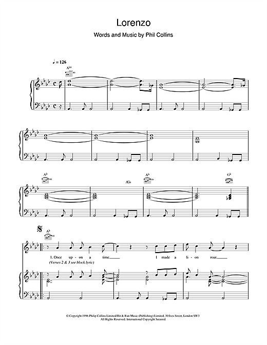 Preview Phil Collins Lorenzo Rock sheet music, notes and chords for Piano, Vocal & Guitar (Right-Hand Melody), SKU: 17662 sheet music, piano notes, chords, guitar tabs, score, transpose, transcribe, how to play, guide, download, learn, tutorial, progression, song, artist, awards, billboard, mtv, vh1, tour, single, album, release