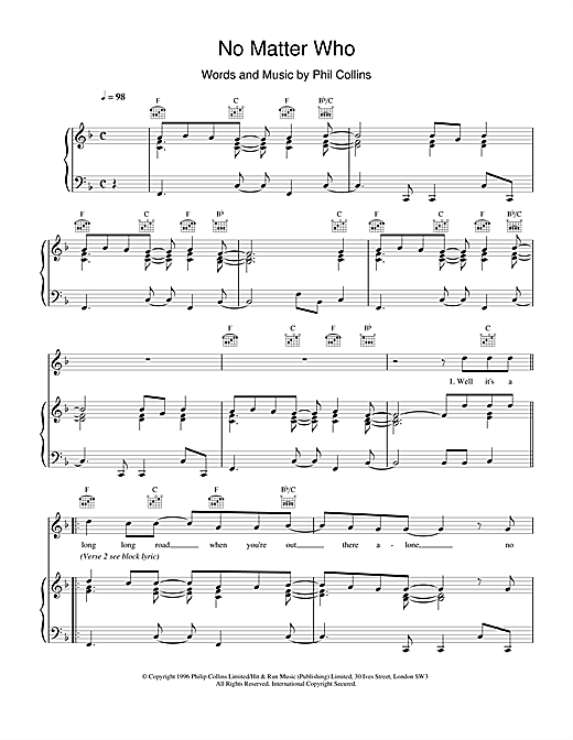 Preview Phil Collins No Matter Who Rock sheet music, notes and chords for Piano, Vocal & Guitar (Right-Hand Melody), SKU: 17664 sheet music, piano notes, chords, guitar tabs, score, transpose, transcribe, how to play, guide, download, learn, tutorial, progression, song, artist, awards, billboard, mtv, vh1, tour, single, album, release