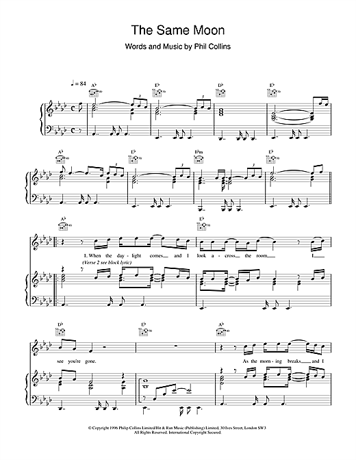 Preview Phil Collins The Same Moon Rock sheet music, notes and chords for Piano, Vocal & Guitar (Right-Hand Melody), SKU: 17669 sheet music, piano notes, chords, guitar tabs, score, transpose, transcribe, how to play, guide, download, learn, tutorial, progression, song, artist, awards, billboard, mtv, vh1, tour, single, album, release