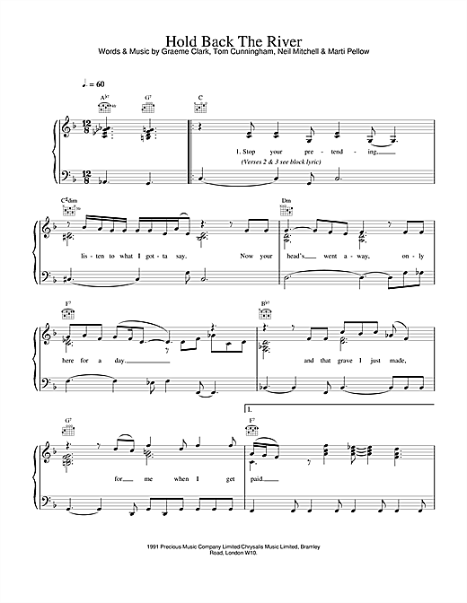 Preview Wet Wet Wet Hold Back The River Pop sheet music, notes and chords for Piano, Vocal & Guitar (Right-Hand Melody), SKU: 17677 sheet music, piano notes, chords, guitar tabs, score, transpose, transcribe, how to play, guide, download, learn, tutorial, progression, song, artist, awards, billboard, mtv, vh1, tour, single, album, release