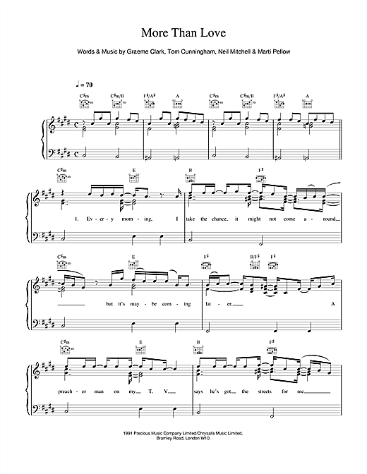 Preview Wet Wet Wet More Than Love Pop sheet music, notes and chords for Piano, Vocal & Guitar (Right-Hand Melody), SKU: 17679 sheet music, piano notes, chords, guitar tabs, score, transpose, transcribe, how to play, guide, download, learn, tutorial, progression, song, artist, awards, billboard, mtv, vh1, tour, single, album, release