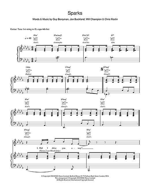 Preview Coldplay Sparks Pop sheet music, notes and chords for Piano, Vocal & Guitar, SKU: 17682 sheet music, piano notes, chords, guitar tabs, score, transpose, transcribe, how to play, guide, download, learn, tutorial, progression, song, artist, awards, billboard, mtv, vh1, tour, single, album, release