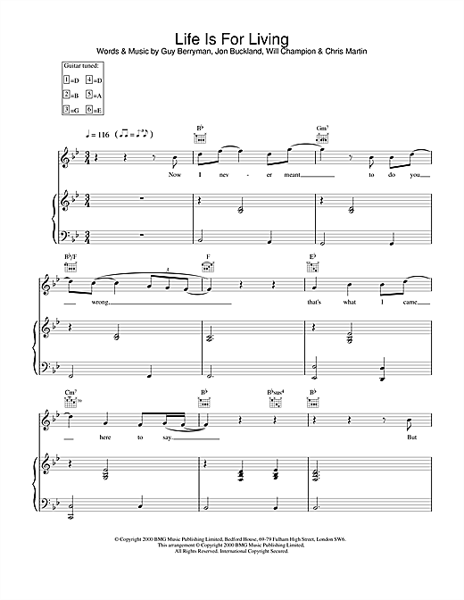 Preview Coldplay Life Is For Living Pop sheet music, notes and chords for Piano, Vocal & Guitar, SKU: 17685 sheet music, piano notes, chords, guitar tabs, score, transpose, transcribe, how to play, guide, download, learn, tutorial, progression, song, artist, awards, billboard, mtv, vh1, tour, single, album, release