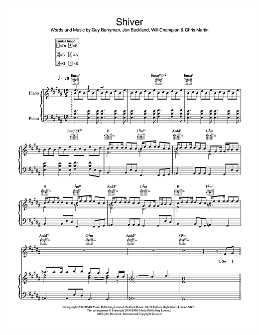 Preview Coldplay Shiver Pop sheet music, notes and chords for Piano, Vocal & Guitar, SKU: 17687 sheet music, piano notes, chords, guitar tabs, score, transpose, transcribe, how to play, guide, download, learn, tutorial, progression, song, artist, awards, billboard, mtv, vh1, tour, single, album, release