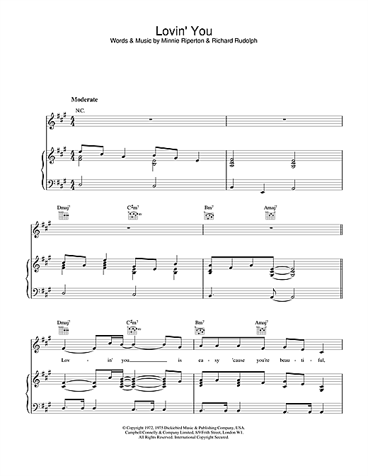 Preview Minnie Riperton Lovin' You Soul sheet music, notes and chords for Piano, Vocal & Guitar (Right-Hand Melody), SKU: 17691 sheet music, piano notes, chords, guitar tabs, score, transpose, transcribe, how to play, guide, download, learn, tutorial, progression, song, artist, awards, billboard, mtv, vh1, tour, single, album, release