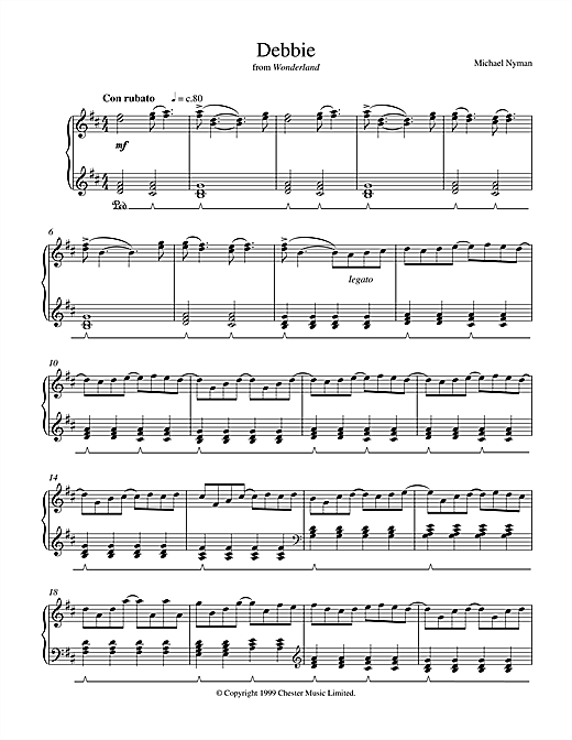 Preview Michael Nyman Debbie (from Wonderland) Film and TV sheet music, notes and chords for Piano, SKU: 17696 sheet music, piano notes, chords, guitar tabs, score, transpose, transcribe, how to play, guide, download, learn, tutorial, progression, song, artist, awards, billboard, mtv, vh1, tour, single, album, release