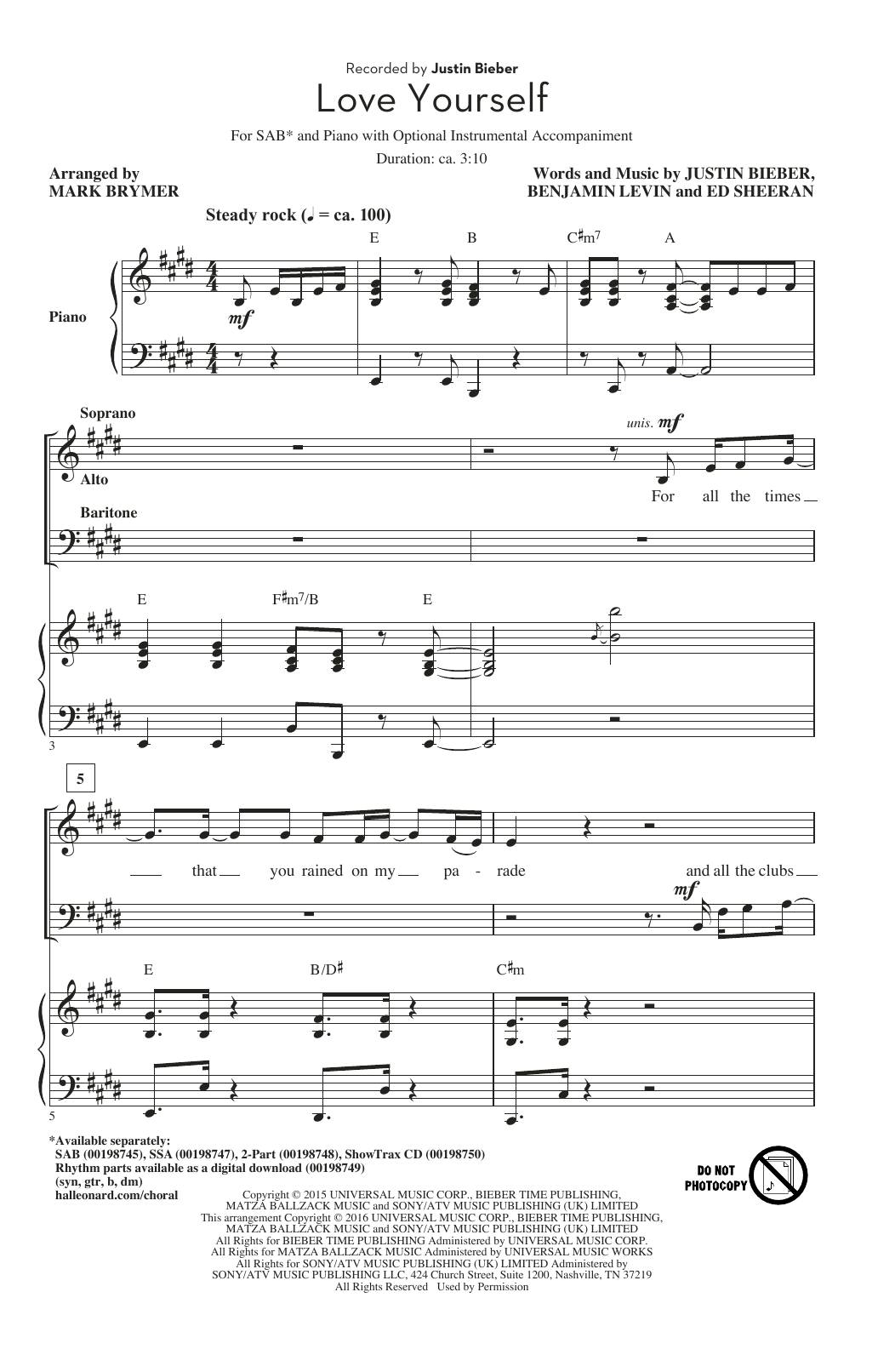 Preview Mark Brymer Love Yourself Rock sheet music, notes and chords for SAB, SKU: 176991 sheet music, piano notes, chords, guitar tabs, score, transpose, transcribe, how to play, guide, download, learn, tutorial, progression, song, artist, awards, billboard, mtv, vh1, tour, single, album, release